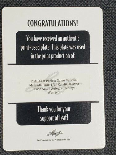 WES SCOTT 2018 Leaf Perfect Game RC AUTO PRINTING PLATE SP #1/1 Wesley Arizona