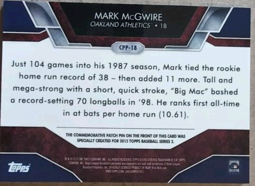 MARK McGWIRE 2015 Topps Series 2 Commemorative Athletics LOGO PATCH PIN /199 A's