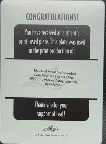 RYAN JENSEN 2019 Leaf Metal Draft 1990 RC AUTO PRINTING PLATE SP 1/1 Cubs One of
