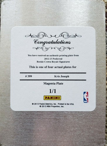 KRIS JOSEPH 2012-13 National Treasures PRINTING PLATE 1/1 of 1 Preferred Celtics