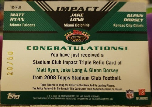 Matt RYAN Jake LONG Glenn DORSEY 2008 Stadium Club Triple Rookie Jersey SP #/50