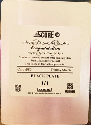 TOMMY STREETER 2012 Panini Score Black PRINTING PLATE SP #1/1 of 1 Ravens RC