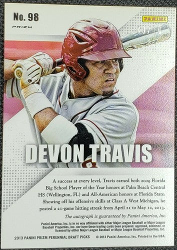 DEVON TRAVIS 2013 Panini Prizm Perennial Draft Picks Gold RC AUTO #/10 Blue Jays