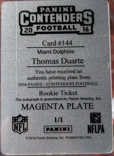 THOMAS DUARTE 2016 Panini Contenders RC AUTO PRINTING PLATE SP 1/1 Dolphins UCLA