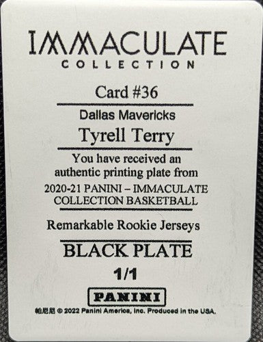 TYRELL TERRY 2020-21 Panini Immaculate RC PRINTING PLATE #1/1 Mavericks Mavs of
