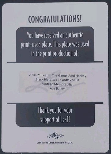 ACE BAILEY 2020-21 Leaf Game Used NHL Hockey PRINTING PLATE SP #1/1 Maple Leafs