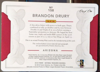 BRANDON DRURY 2016 Panini National Treasures AUTO LAUNDRY TAG PRINTING PLATE 1/1