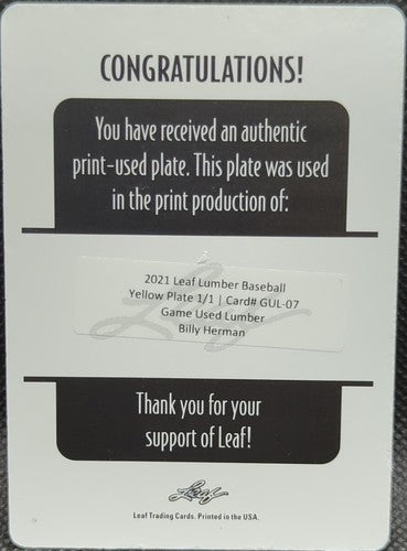 BILLY HERMAN 2021 Leaf Game Used Lumber PRINTING PLATE #1/1 Cubs Dodgers One of