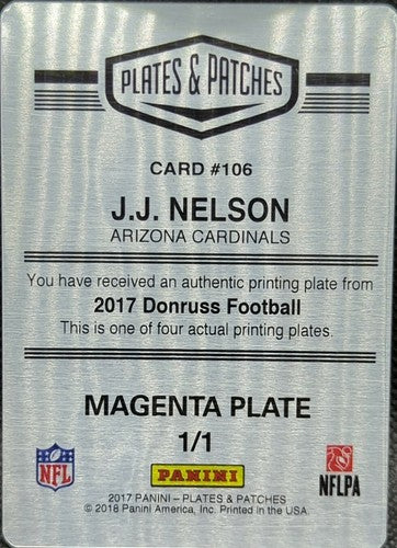 J. J. NELSON 2017 Panini Donruss PRINTING PLATE SP 1/1 Cardinals Colts JJ One of