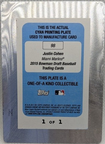 JUSTIN COHEN 2015 Topps Bowman Draft 1st RC PRINTING PLATE SP 1/1 Marlins One of