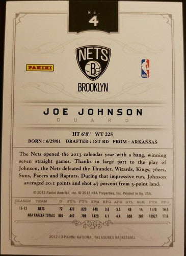 JOE JOHNSON 2012-13 Panini Playoff National Treasures GOLD SP #/10 Brooklyn Nets