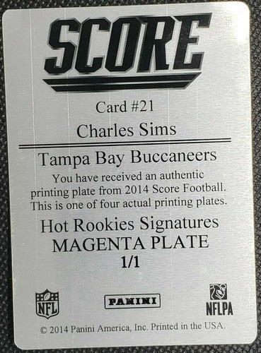 CHARLES SIMS 2014 Panini Score Hot Rookie Signatures RC AUTO PRINTING PLATE #1/1