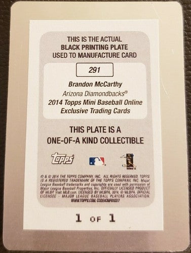 Brandon McCarthy 2014 Topps Mini PRINTING PLATE SP #1/1 A's Dodgers Diamondbacks