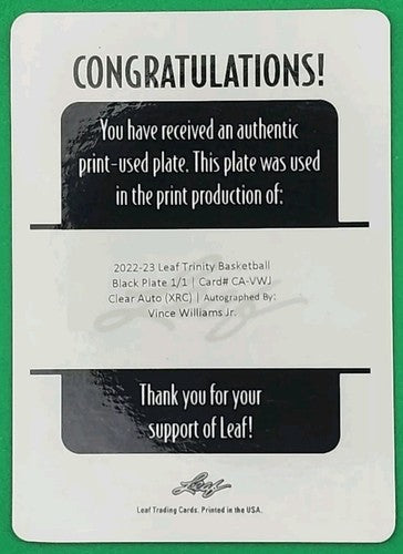 VINCE WILLIAMS JR. 2022-23 Leaf Trinity Clear RC AUTO PRINTING PLATE SP #1/1 of