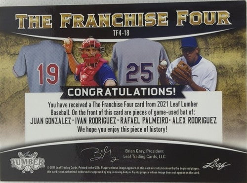 Alex RODRIGUEZ Ivan PUDGE Juan GONZALEZ + 2021 Leaf Lumber QUAD BAT #/4 Rangers