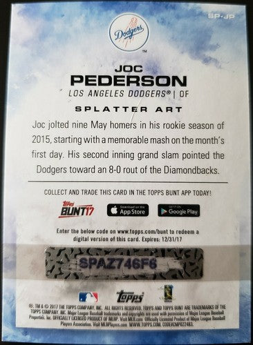 JOC PEDERSON 2017 Topps Bunt Physical Splatter Art Redemption Orange /50 Dodgers