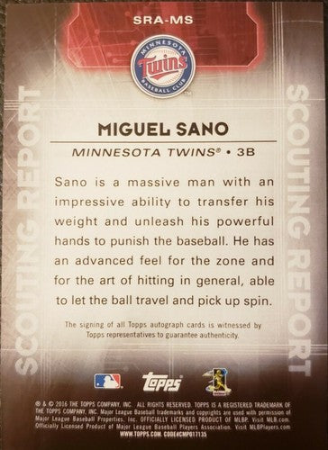 MIGUEL SANO 2016 Topps Series 1 Scouting Report Rookie RC AUTO Minnesota Twins
