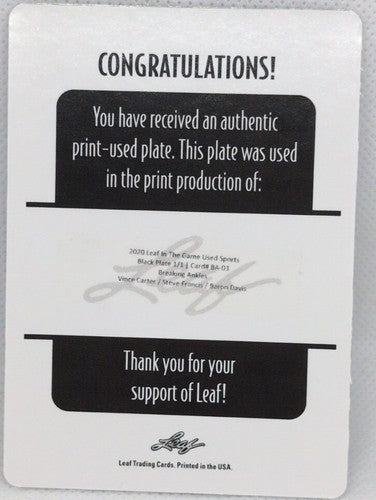Vince CARTER Steve FRANCIS Baron DAVIS 2020 TRIPLE JERSEY PRINTING PLATE SP #1/1