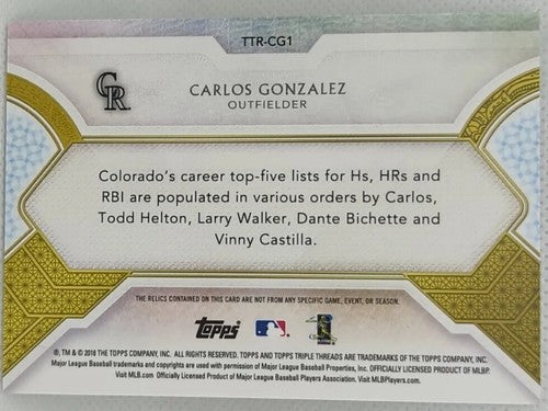 CARLOS GONZALEZ 2018 Topps Triple Threads EMERALD JUMBO JERSEY Relic /18 Rockies