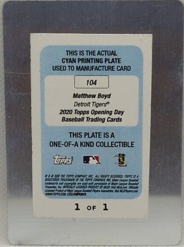 MATTHEW BOYD 2020 Topps Opening Day PRINTING PLATE SP 1/1 Tigers Mariners One of