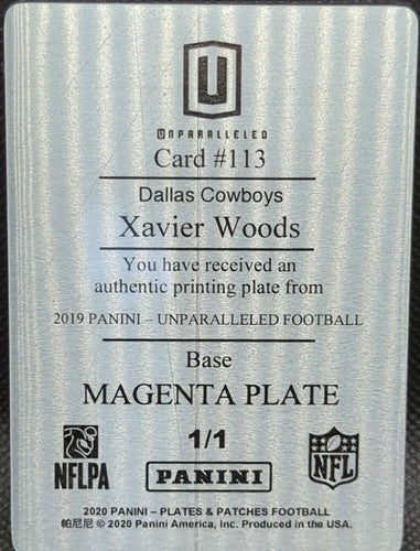 XAVIER WOODS 2019 Panini Unparalleled PRINTING PLATE #1/1 Cowboys Patches One of