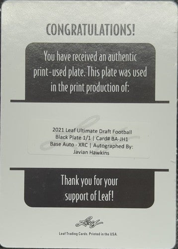 JAVIAN HAWKINS 2021 Leaf Ultimate RC AUTO PRINTING PLATE #1/1 Rams Louisville of