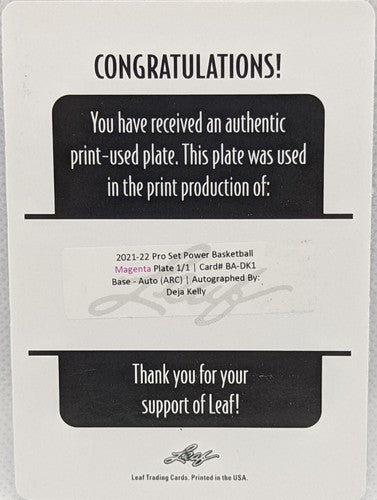 DEJA KELLY 2021-22 Leaf Pro Set Power RC AUTO PRINTING PLATE SP #1/1 UNC One of