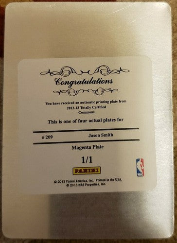JASON SMITH 2012-13 Panini Totally Certified PRINTING PLATE SP #1/1 of 1 Hornets