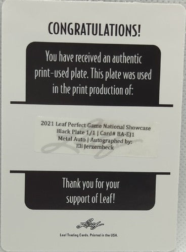 ELI JERZEMBECK 2021 Perfect Game National Showcase AUTO PRINTING PLATE SP 1/1 of