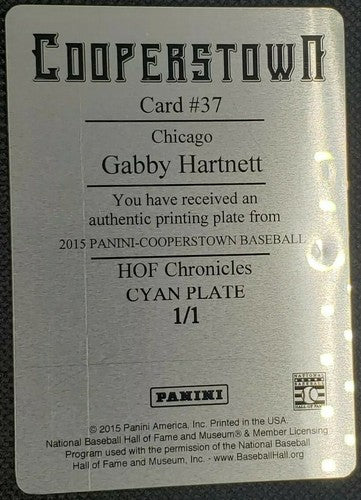 GABBY HARTNETT 2015 Panini Cooperstown HOF Chronicles PRINTING PLATE SP 1/1 Cubs