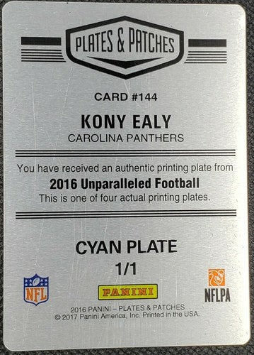 KONY EALY 2016 Panini Unparalleled PRINTING PLATE SP #1/1 Panthers Jets Patches