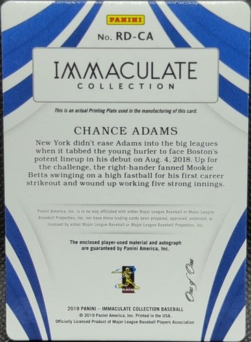 CHANCE ADAMS 2019 Immaculate RC AUTO DUAL PATCH LAUNDRY TAG PRINTING PLATE #1/1