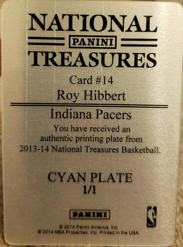 ROY HIBBERT 2013-14 Panini National Treasures Cyan PRINTING PLATE SP #1/1 Pacers
