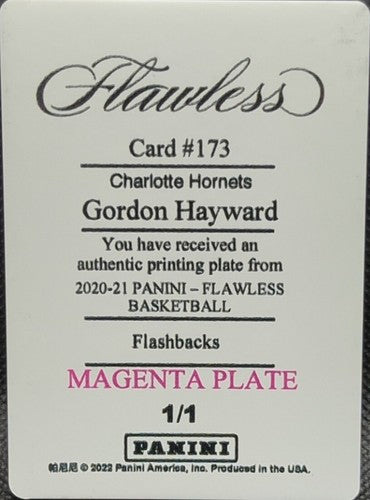 GORDON HAYWARD 2020-21 Panini Flawless Flashbacks PRINTING PLATE #1/1 Hornets of