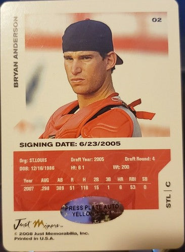 BRYAN ANDERSON 2008 Just Minors AUTO Press PRINTING PLATE 1/1 of 1 Cardinals A's