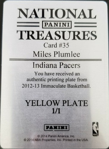 MILES PLUMLEE 2013-14 National Treasures PRINTING PLATE #1/1 2012-13 Immaculate