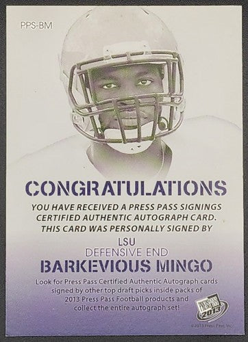 BARKEVIOUS MINGO 2013 Press Pass Signings AUTO SSP LSU #49 INSCRIPTION Browns SP