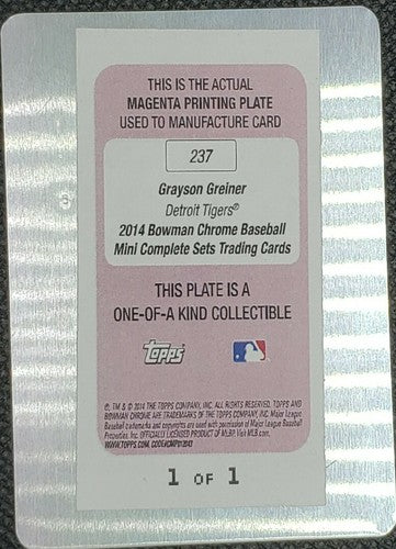 GRAYSON GREINER 2014 Topps Bowman Chrome Mini 1st RC PRINTING PLATE #1/1 Tigers