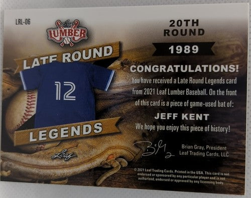 â¾ JEFF KENT 2021 Leaf Lumber Game Used BAT PATCH SP /20 Blue Jays Giants Dodgers