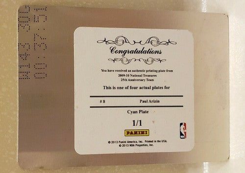 PAUL ARIZIN 2009-10 Playoff National Treasures PRINTING PLATE SP #1/1 Warriors