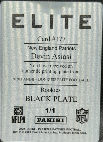 DEVIN ASIASI 2020 Panini Donruss Elite RC PRINTING PLATE SP #1/1 Patriots One of