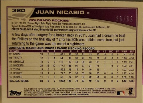 JUAN NICASIO 2013 Topps Mini Online Exclusive GOLD SP #/62 Colorado Rockies #380