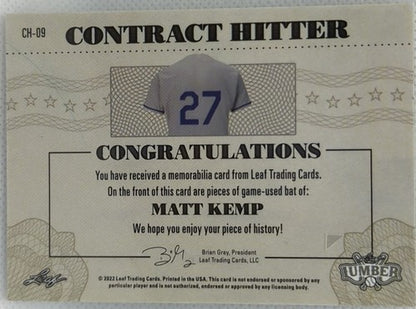 MATT KEMP 2022 Leaf Lumber Contract Hitter DUAL Game Used BAT GREEN #1/4 Dodgers