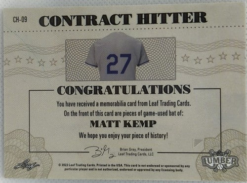 MATT KEMP 2022 Leaf Lumber Contract Hitter DUAL Game Used BAT GREEN #1/4 Dodgers