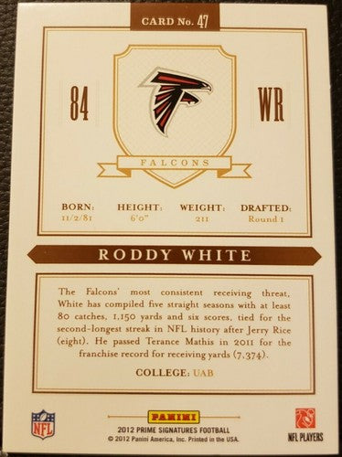 RODDY WHITE 2012 Panini Prime Signatures Proof Red SP #/99 Atlanta Falcons #47