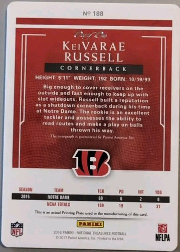 KeiVARAE RUSSELL 2016 Panini National Treasures AUTO PRINTING PLATE #1/1 Bengals