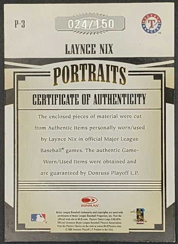 LAYNCE NIX 2005 Prime Patches AUTO QUAD DIRT JERSEY BAT PATCH SP #24/150 Rangers
