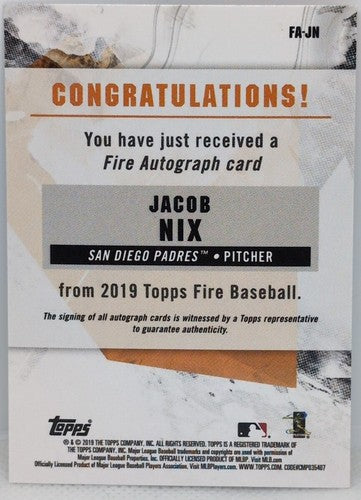 JACOB NIX 2019 Topps Fire Baseball RC AUTO SP San Diego Padres Orix Buffaloes JN