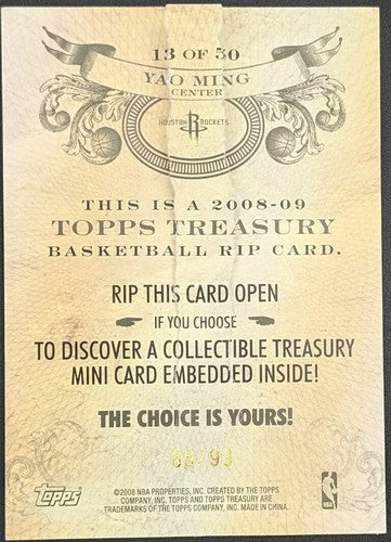 YAO MING 2008-09 Topps Treasury RIP CARD Bronze SP #88/99 Rockets China Ripped