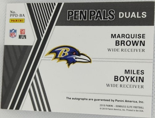 Marquise BROWN Miles BOYKIN 2019 Donruss Elite RC DUAL BLUE INK AUTO SP Ravens